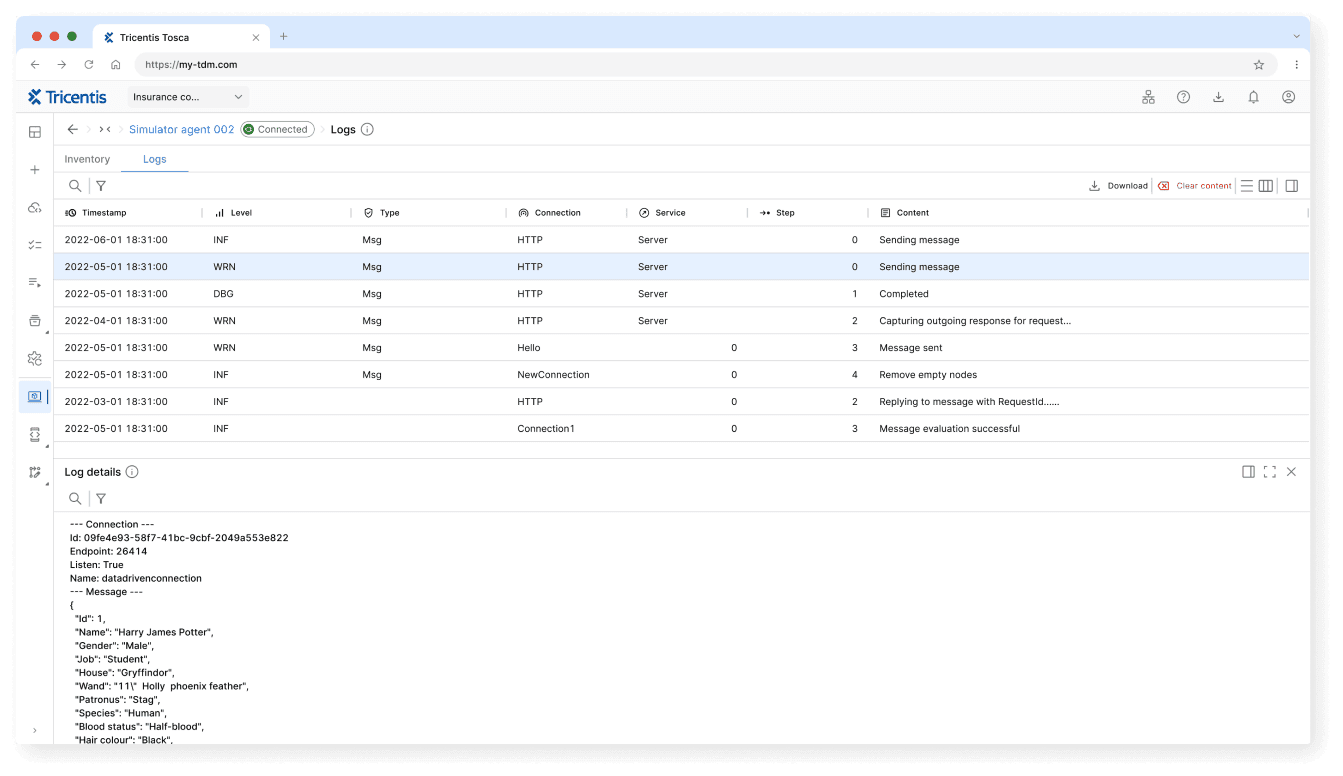 Tosca API Simulator agents log