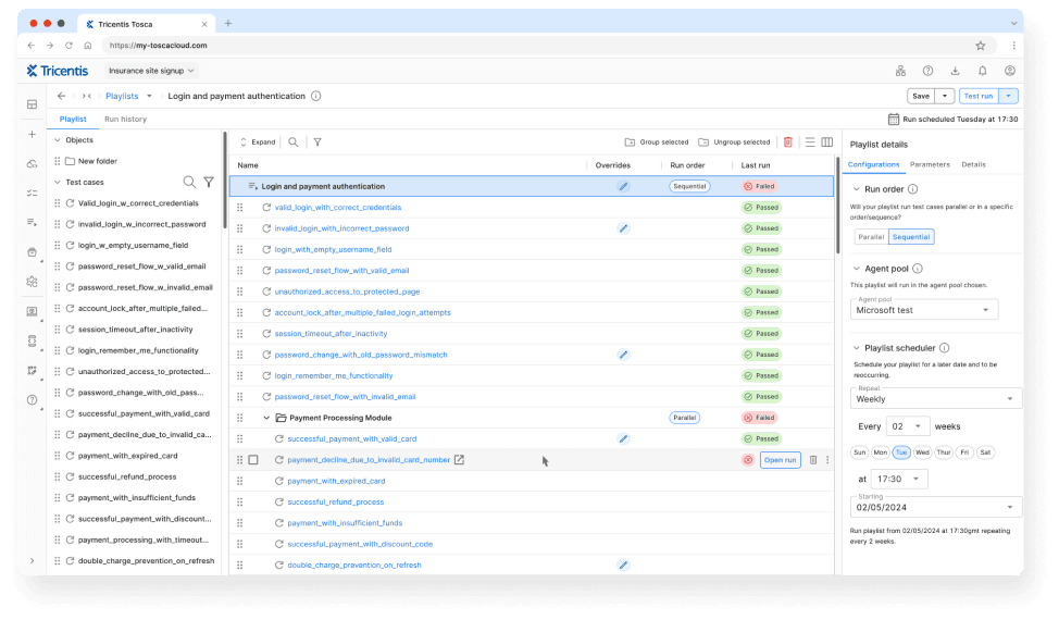 Tosca cloud-based test run orchestration