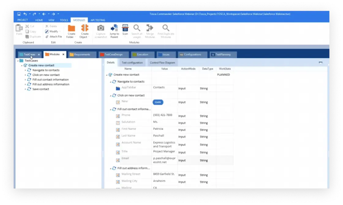 Salesforce test automation utilizing Tosca - screen