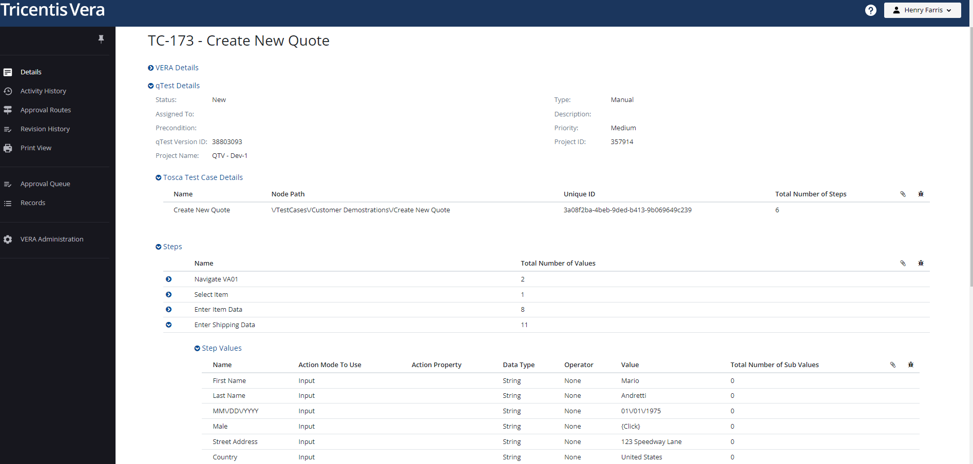 Tricentis Tosca test case in Tricentis Vera