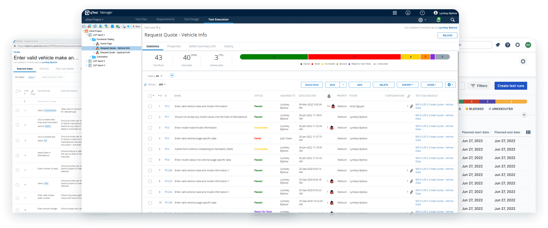 Test management solution product screens