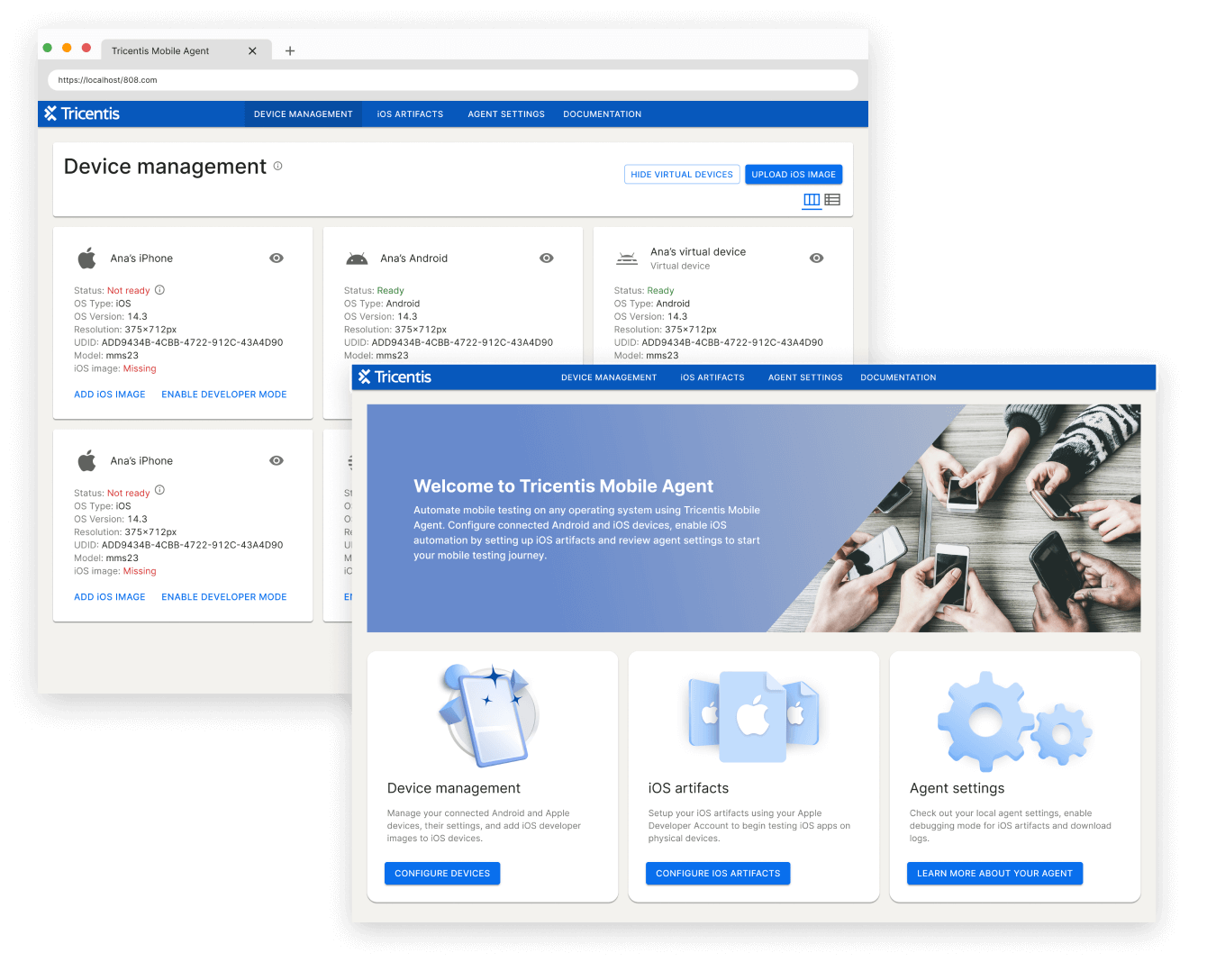 Tricentis Mobile Agent dashboard and device management screens
