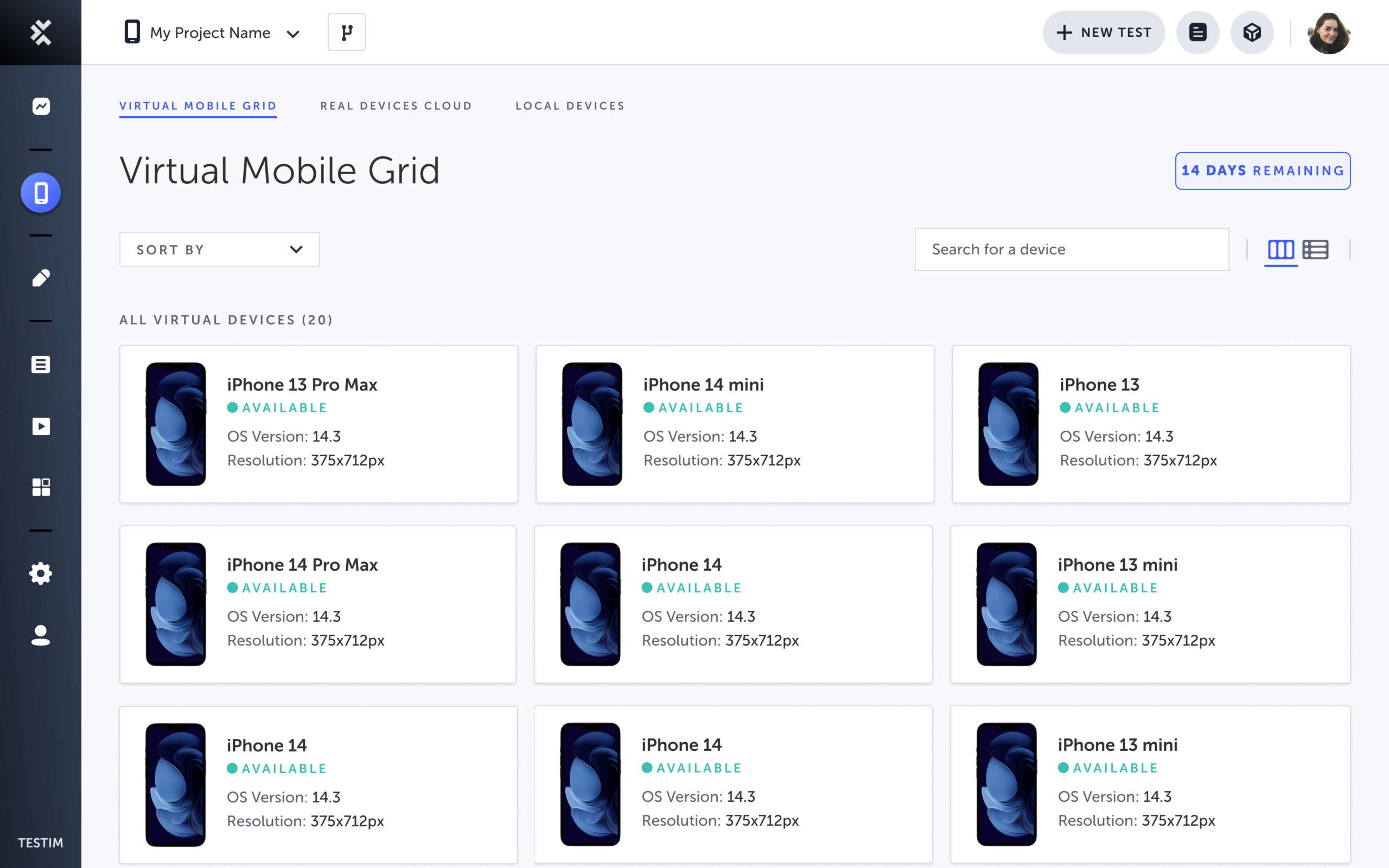 Tricentis Virtual Mobile Grid dashboard