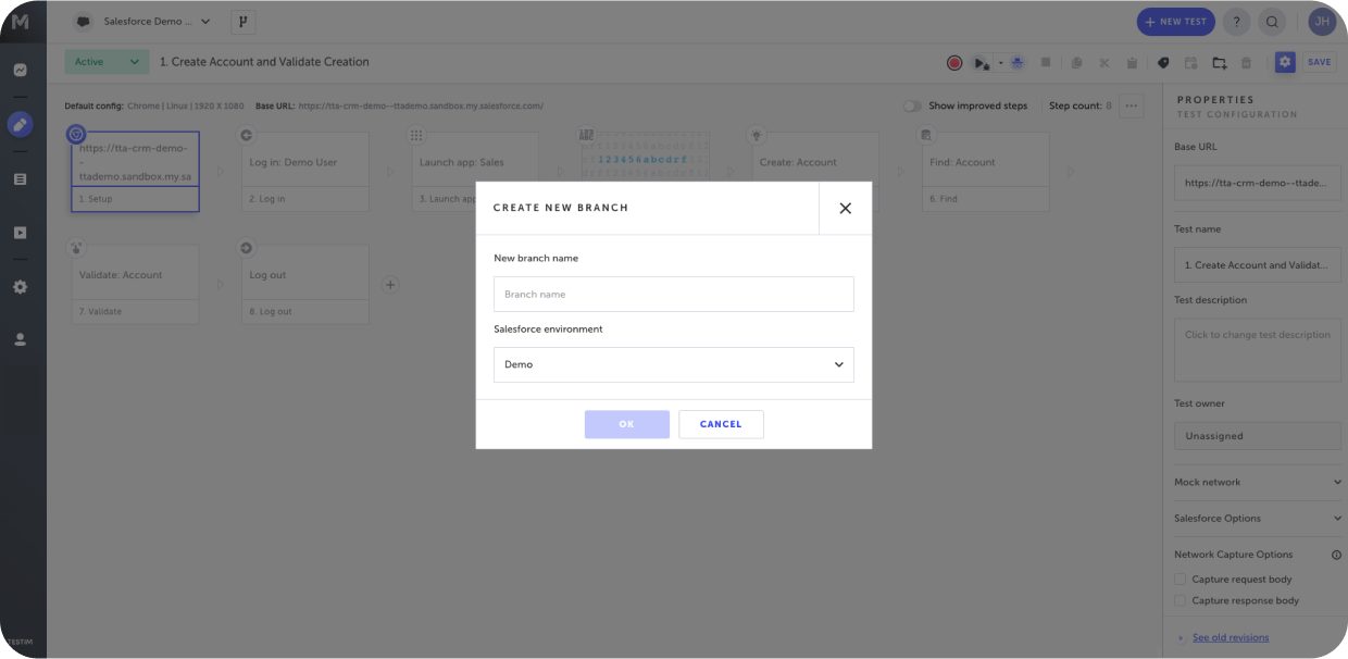 Create new branch in Testim Salesforce